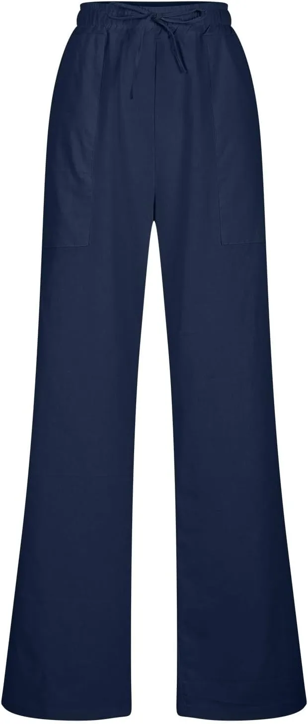 Linen Pants Women Drawstring Waist Linen Pants Solid Color Casual Linen Trousers with Pockets Summer Trendy Clothes
