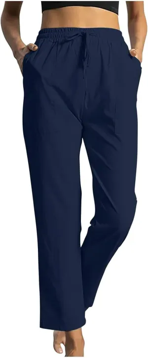 Linen Pants Women Drawstring Waist Linen Pants Solid Color Casual Linen Trousers with Pockets Summer Trendy Clothes