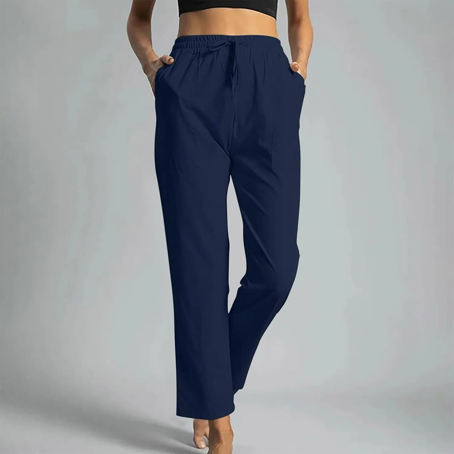Linen Pants Women Drawstring Waist Linen Pants Solid Color Casual Linen Trousers with Pockets Summer Trendy Clothes