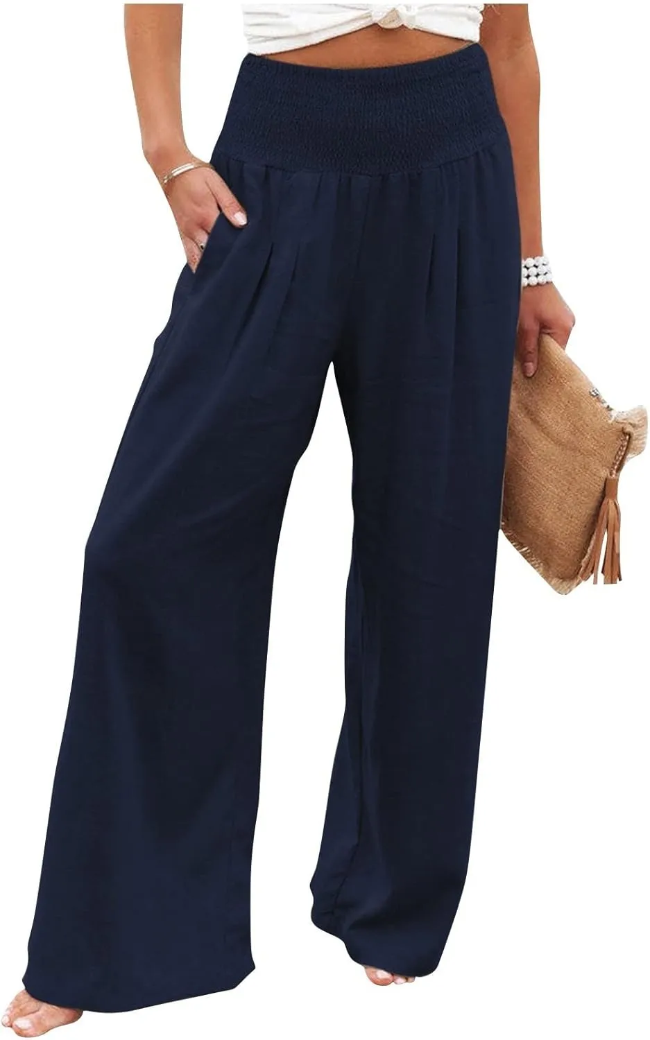 Linen Pants Women Lounge High Waist Wide Leg Elastic Drawstring Pants Women with Pockets Comfy Work Trousers