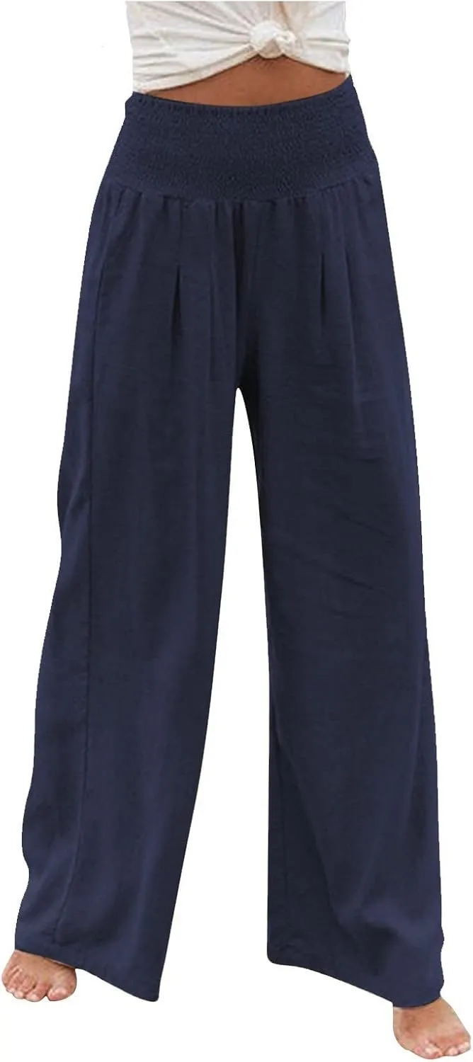 Linen Pants Women Lounge High Waist Wide Leg Elastic Drawstring Pants Women with Pockets Comfy Work Trousers