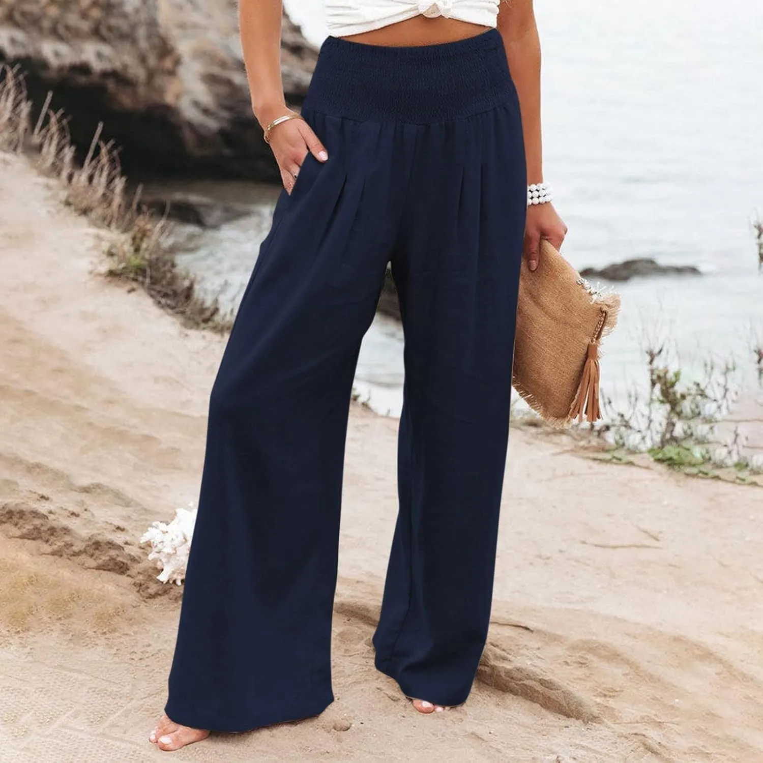 Linen Pants Women Lounge High Waist Wide Leg Elastic Drawstring Pants Women with Pockets Comfy Work Trousers