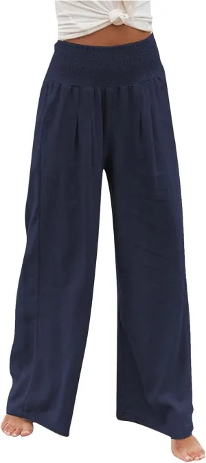 Linen Pants Women Lounge High Waist Wide Leg Elastic Drawstring Pants Women with Pockets Comfy Work Trousers