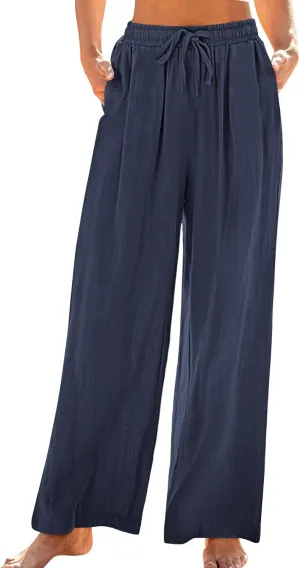 Linen Pants Women Wide Leg Lounge Beach Pants Summer High Wiasted Drawstring Travel Work Trousers with Pockets
