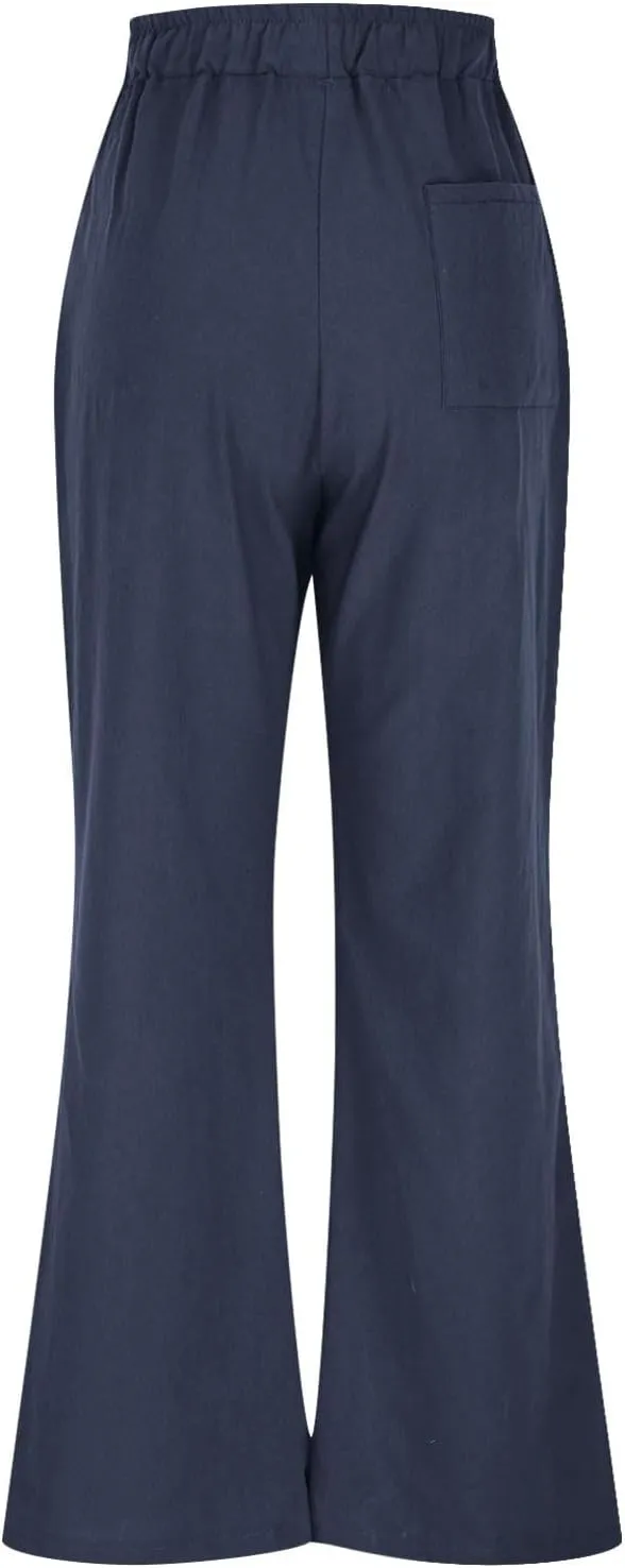 Linen Pants Women Wide Leg Lounge Beach Pants Summer High Wiasted Drawstring Travel Work Trousers with Pockets