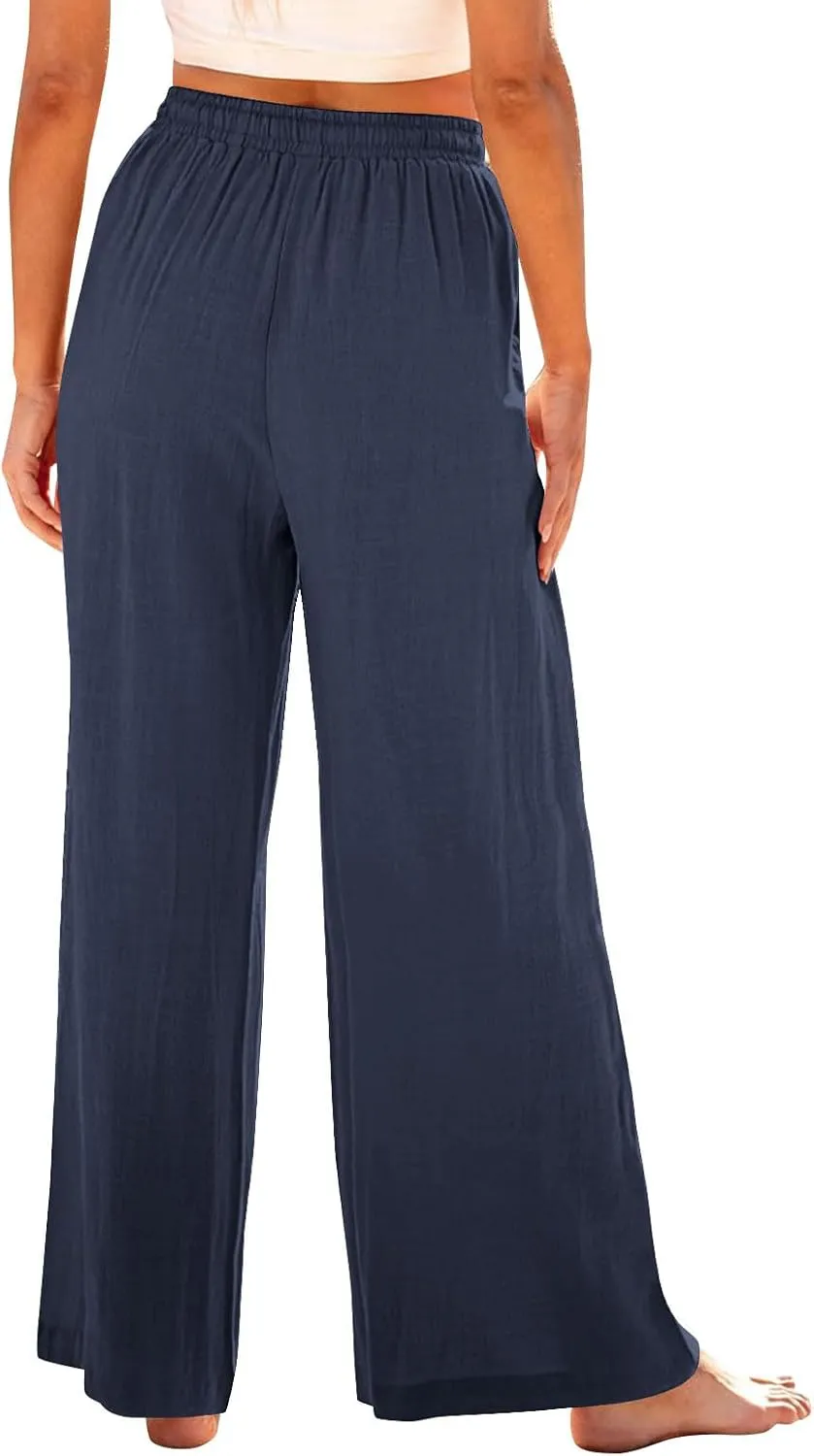 Linen Pants Women Wide Leg Lounge Beach Pants Summer High Wiasted Drawstring Travel Work Trousers with Pockets