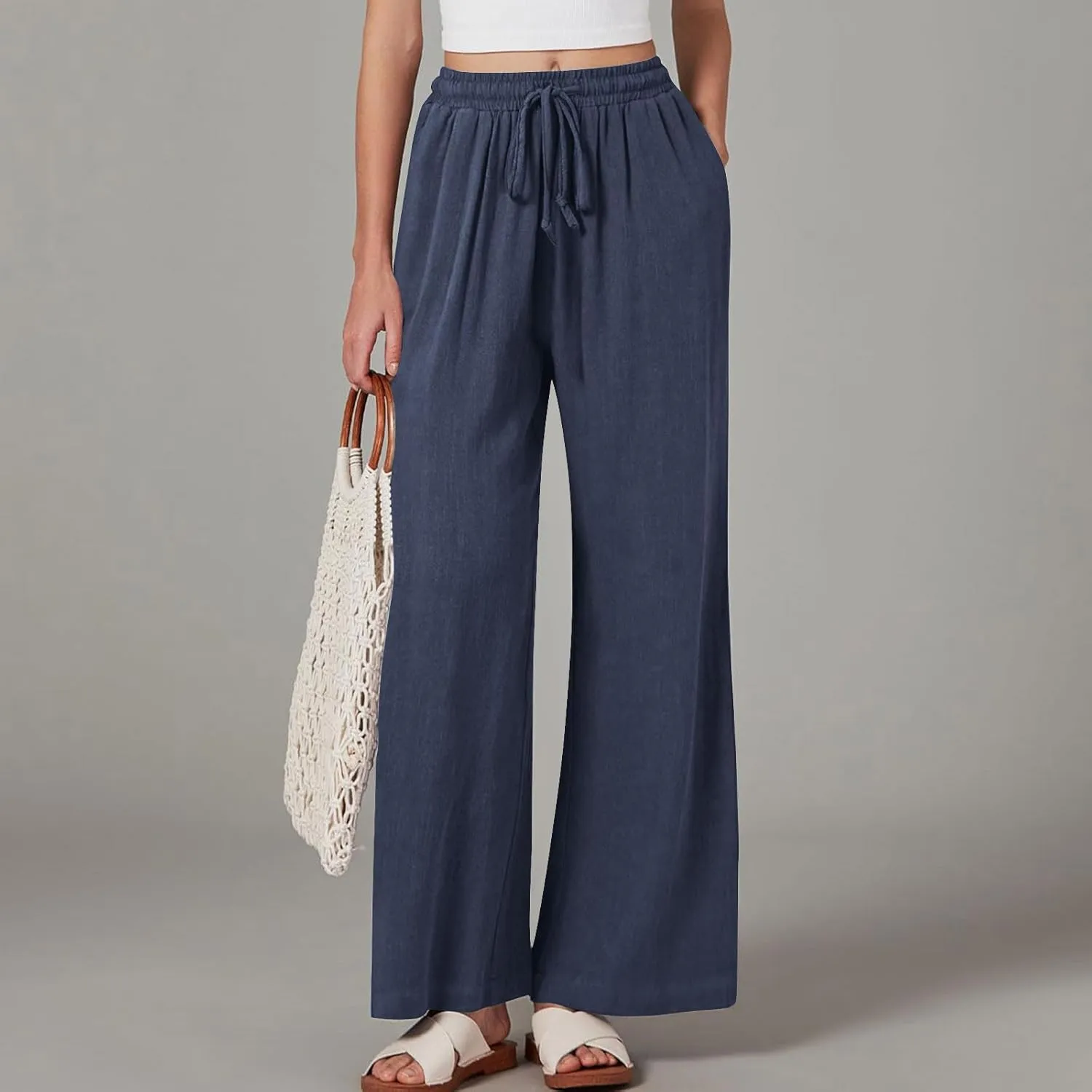 Linen Pants Women Wide Leg Lounge Beach Pants Summer High Wiasted Drawstring Travel Work Trousers with Pockets
