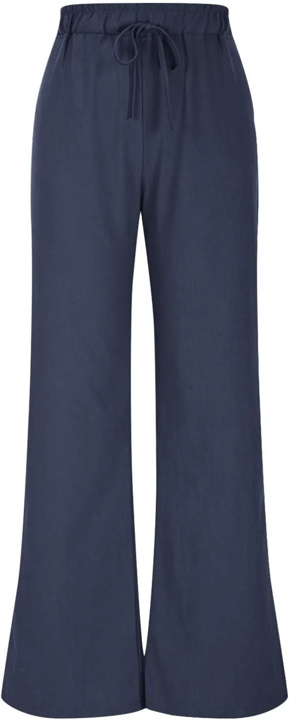 Linen Pants Women Wide Leg Lounge Beach Pants Summer High Wiasted Drawstring Travel Work Trousers with Pockets