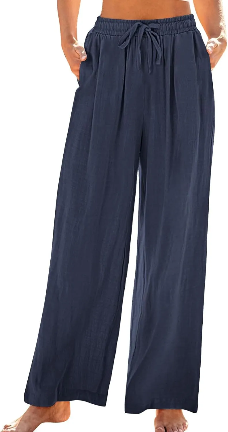 Linen Pants Women Wide Leg Lounge Beach Pants Summer High Wiasted Drawstring Travel Work Trousers with Pockets
