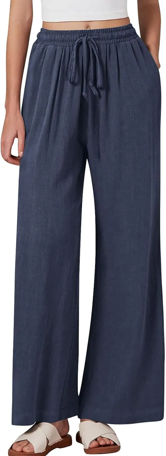 Linen Pants Women Wide Leg Lounge Beach Pants Summer High Wiasted Drawstring Travel Work Trousers with Pockets