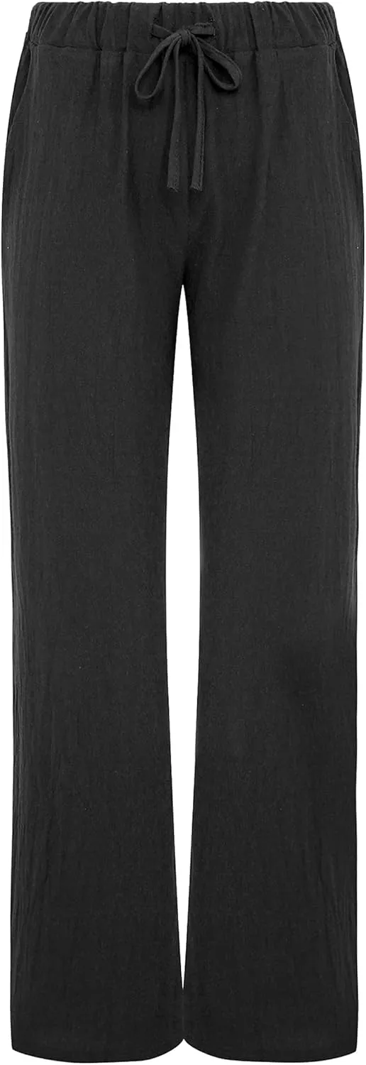 loveimgs Women's Casual Wide Leg Elastic Waist Loose Lightweight Summer Linen Beach Pants Drawstring