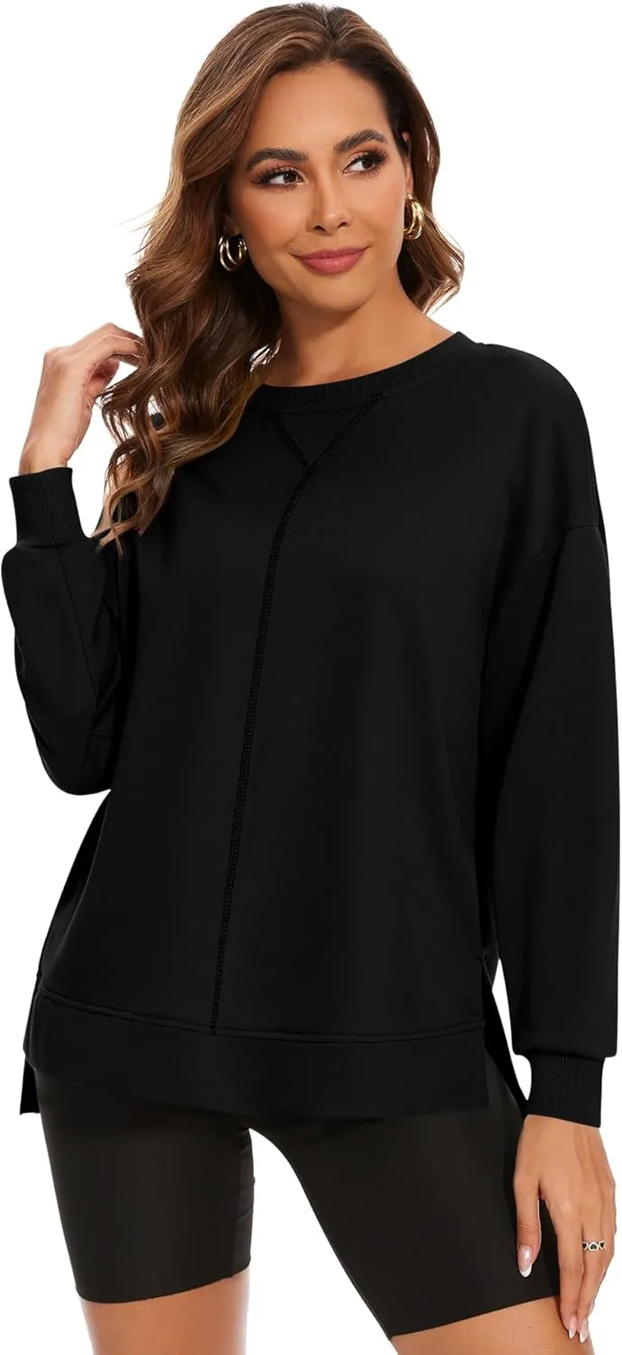 LUYAA Women's Casual Sweatshirts Oversized Crew Neck Pullover Tops Long Sleeve Fall Side Slit Clothes