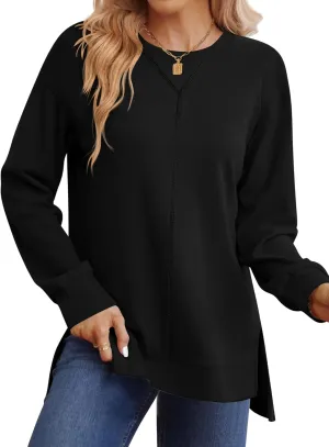 LUYAA Women's Casual Sweatshirts Oversized Crew Neck Pullover Tops Long Sleeve Fall Side Slit Clothes