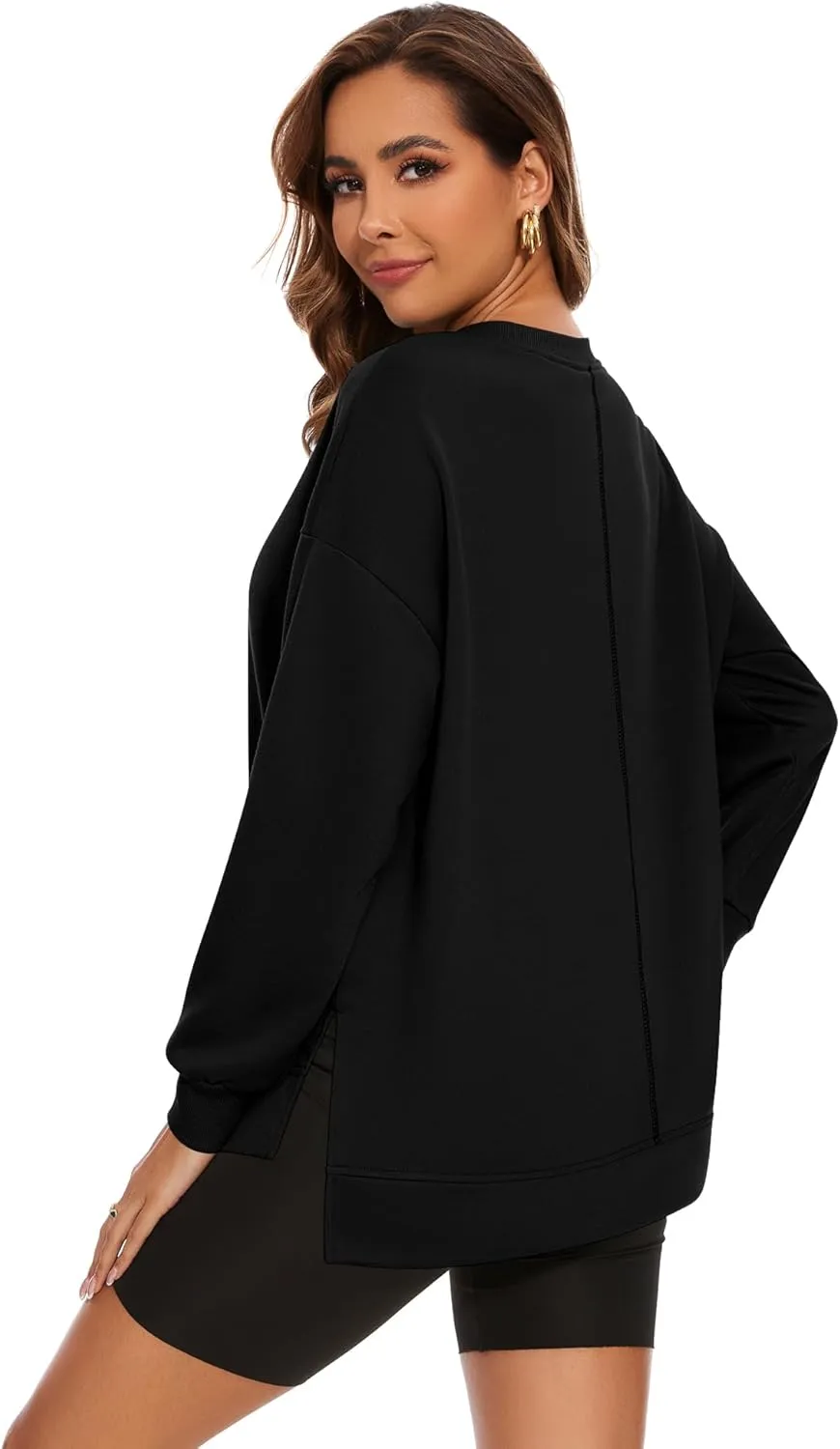LUYAA Women's Casual Sweatshirts Oversized Crew Neck Pullover Tops Long Sleeve Fall Side Slit Clothes