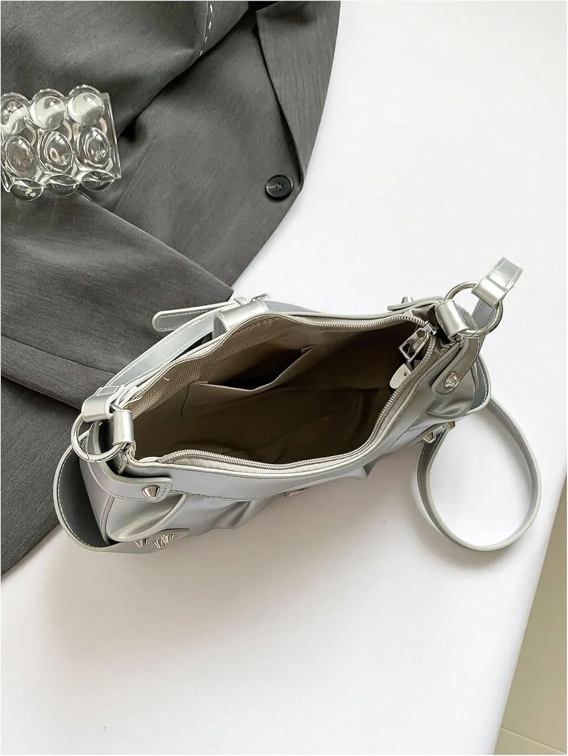 MakeMeChic Women's Rivet PU Leather Hobo Handbag Single Strap Pleated Shoulder Bags Crossbody Bag