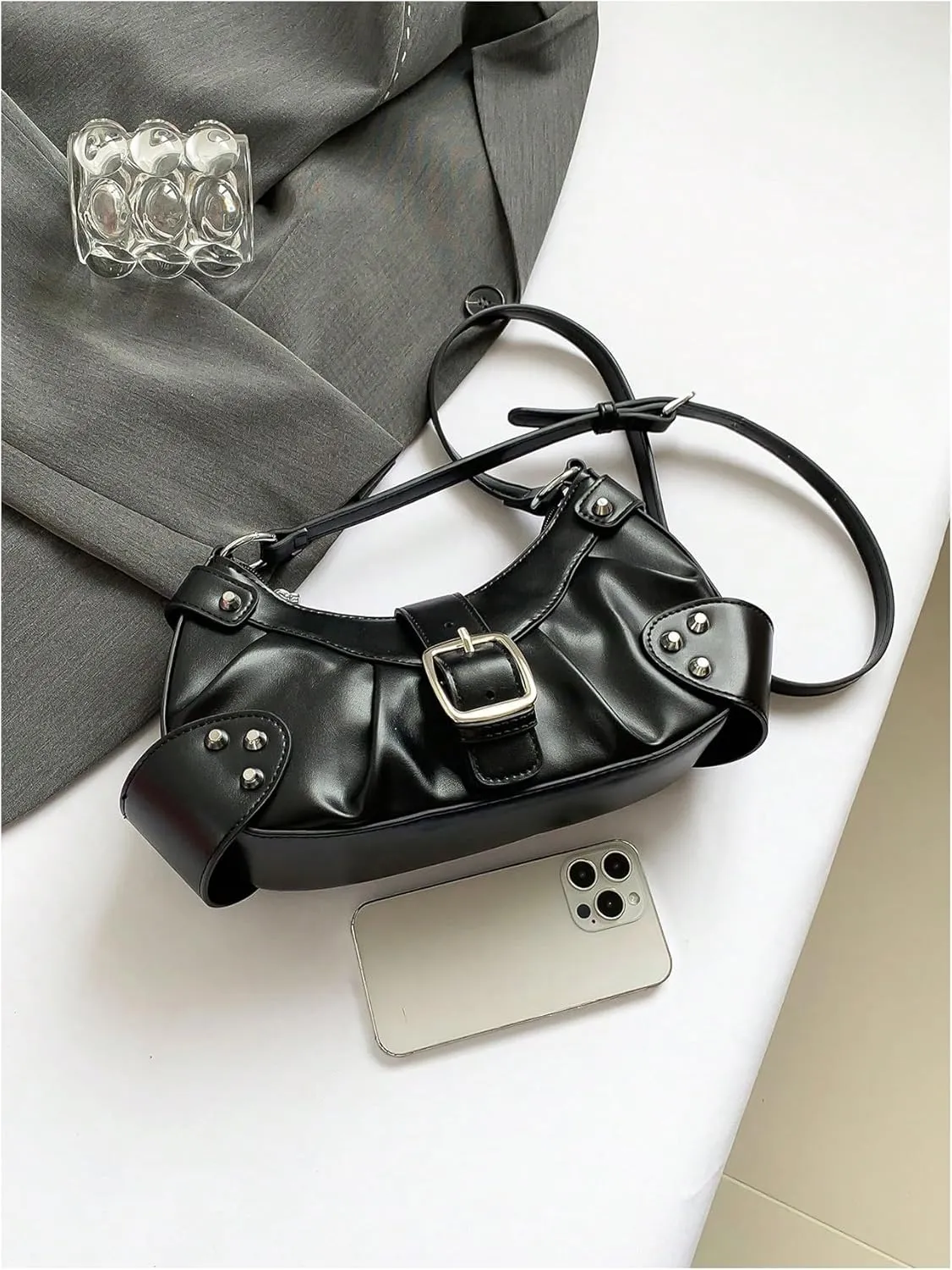 MakeMeChic Women's Rivet PU Leather Hobo Handbag Single Strap Pleated Shoulder Bags Crossbody Bag