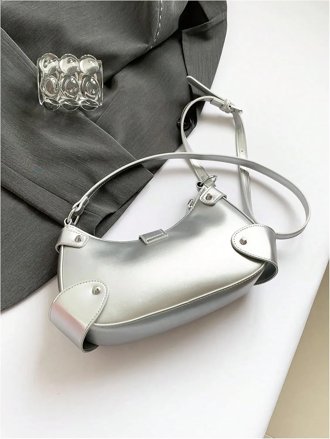 MakeMeChic Women's Rivet PU Leather Hobo Handbag Single Strap Pleated Shoulder Bags Crossbody Bag