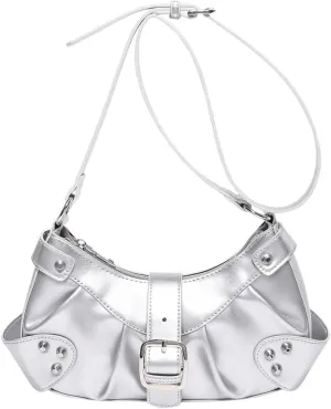 MakeMeChic Women's Rivet PU Leather Hobo Handbag Single Strap Pleated Shoulder Bags Crossbody Bag
