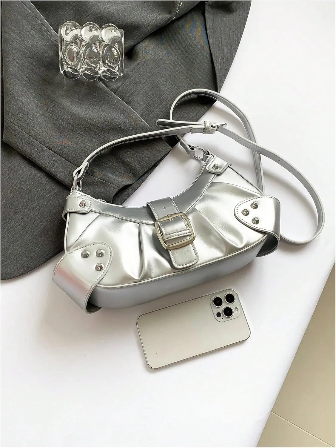 MakeMeChic Women's Rivet PU Leather Hobo Handbag Single Strap Pleated Shoulder Bags Crossbody Bag