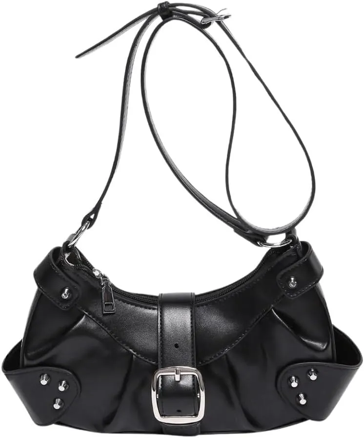MakeMeChic Women's Rivet PU Leather Hobo Handbag Single Strap Pleated Shoulder Bags Crossbody Bag