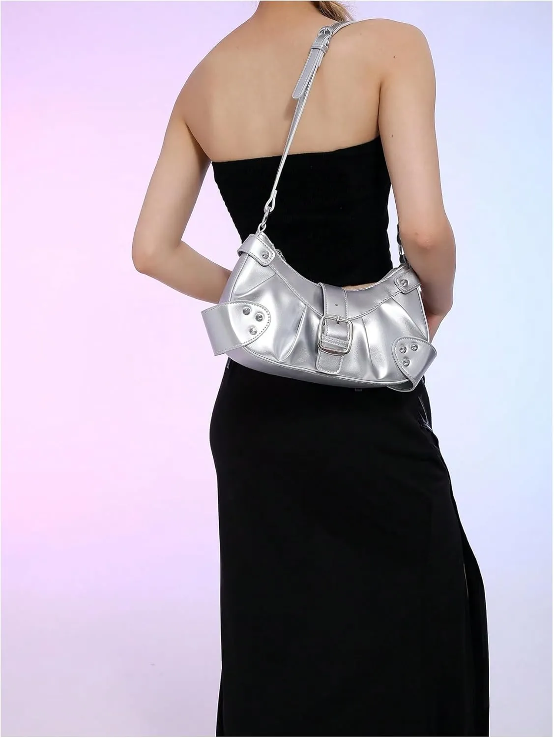 MakeMeChic Women's Rivet PU Leather Hobo Handbag Single Strap Pleated Shoulder Bags Crossbody Bag