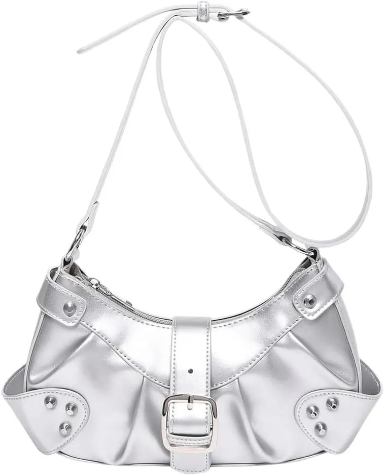 MakeMeChic Women's Rivet PU Leather Hobo Handbag Single Strap Pleated Shoulder Bags Crossbody Bag