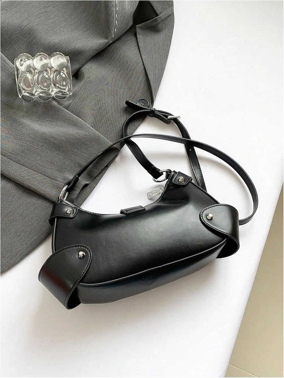 MakeMeChic Women's Rivet PU Leather Hobo Handbag Single Strap Pleated Shoulder Bags Crossbody Bag