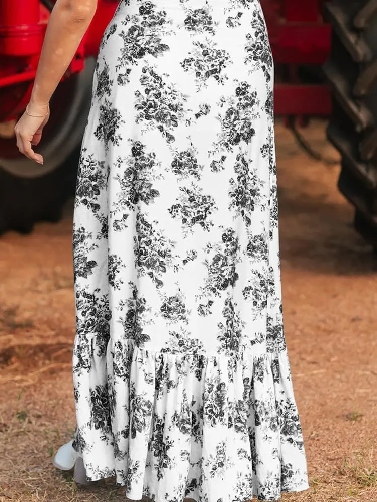 Melliflo Women's Boho Floral Skirt Summer Ruffle Side Slit Asymmetrical Maxi Skirt High Waisted Wrap Flowy Long Skirts 2025