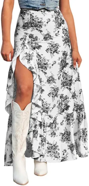Melliflo Women's Boho Floral Skirt Summer Ruffle Side Slit Asymmetrical Maxi Skirt High Waisted Wrap Flowy Long Skirts 2025