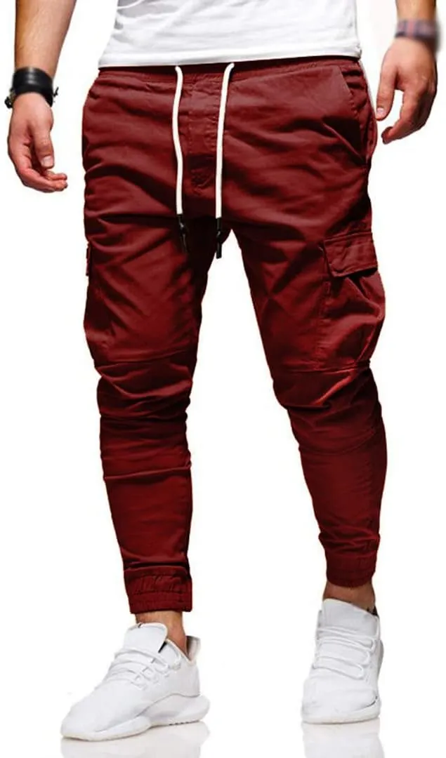 Men Joggers Chino Pants Drawstring Sports Athletic Workout Fitness Track Cargo Tapered Jogging Trousers