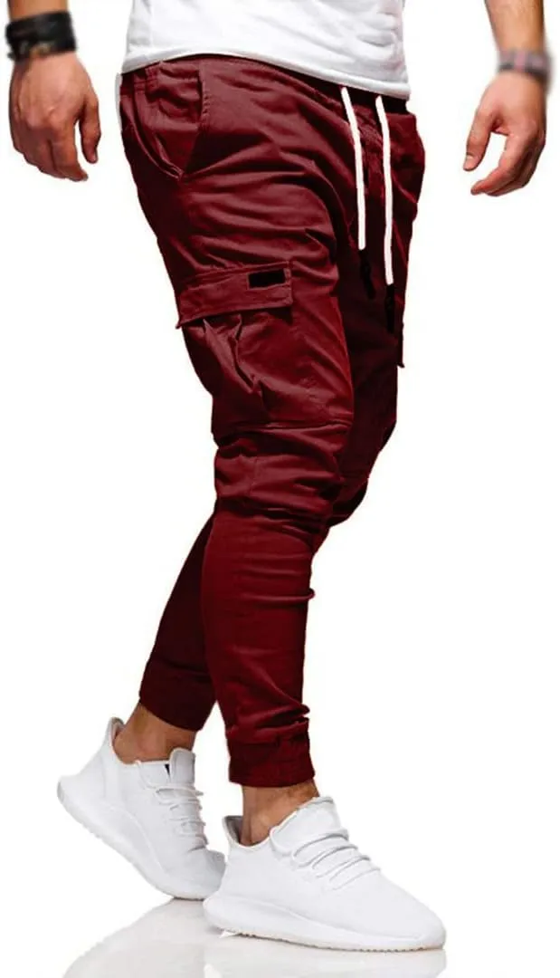 Men Joggers Chino Pants Drawstring Sports Athletic Workout Fitness Track Cargo Tapered Jogging Trousers