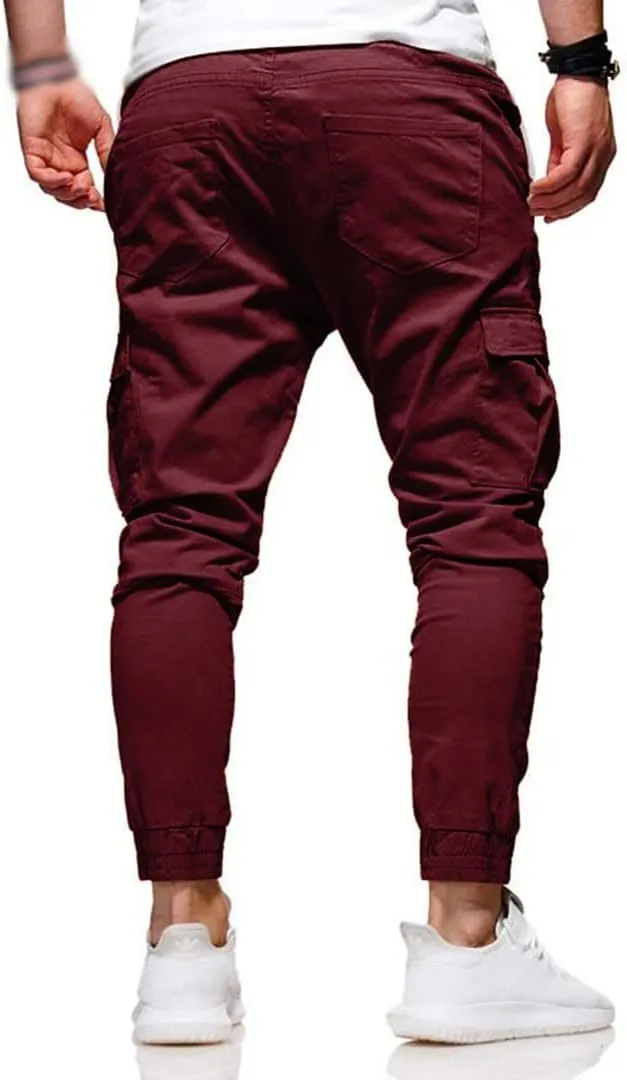 Men Joggers Chino Pants Drawstring Sports Athletic Workout Fitness Track Cargo Tapered Jogging Trousers