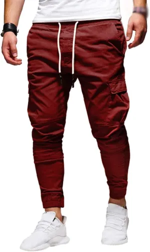 Men Joggers Chino Pants Drawstring Sports Athletic Workout Fitness Track Cargo Tapered Jogging Trousers