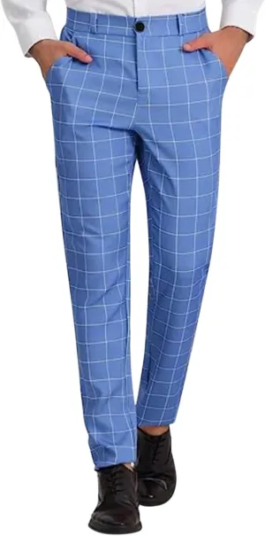 Mens Chinos Slim Fit Stretch Flat-Front Skinny Plaid Dress Pants Business Work Suit Tapered Pants Casual Golf Pants Trousers