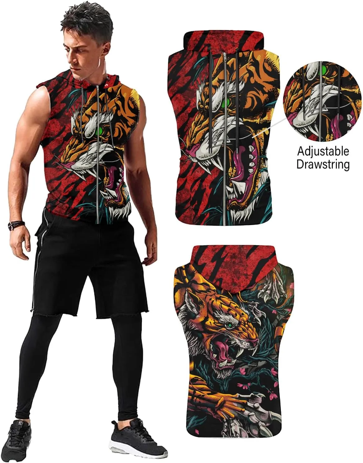 Mens Fashion Muscle Hooded Workout Hooded Tank Tops with Pocket Gym Training Zip Hoodies Sleeveless