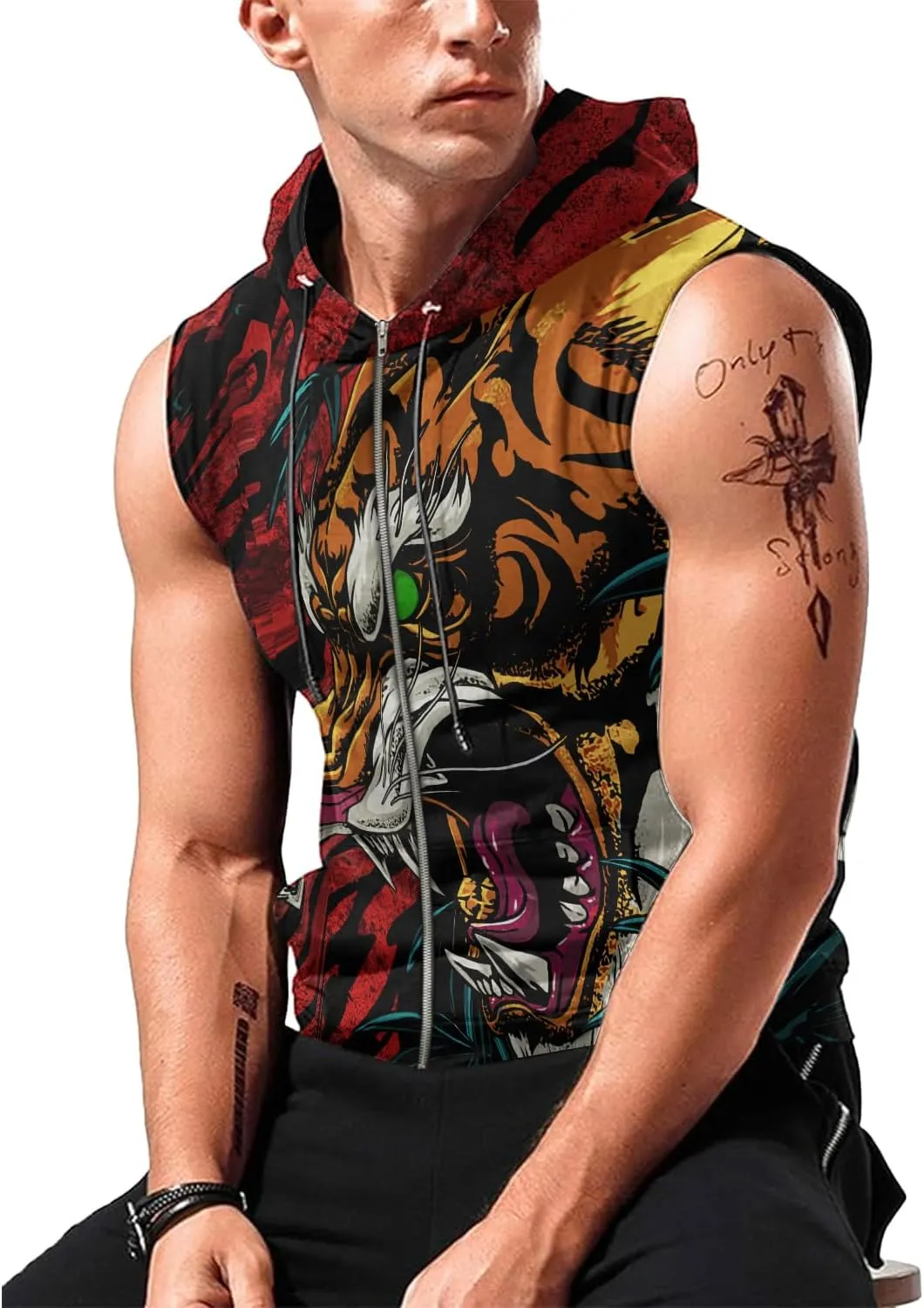 Mens Fashion Muscle Hooded Workout Hooded Tank Tops with Pocket Gym Training Zip Hoodies Sleeveless