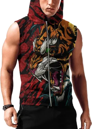 Mens Fashion Muscle Hooded Workout Hooded Tank Tops with Pocket Gym Training Zip Hoodies Sleeveless