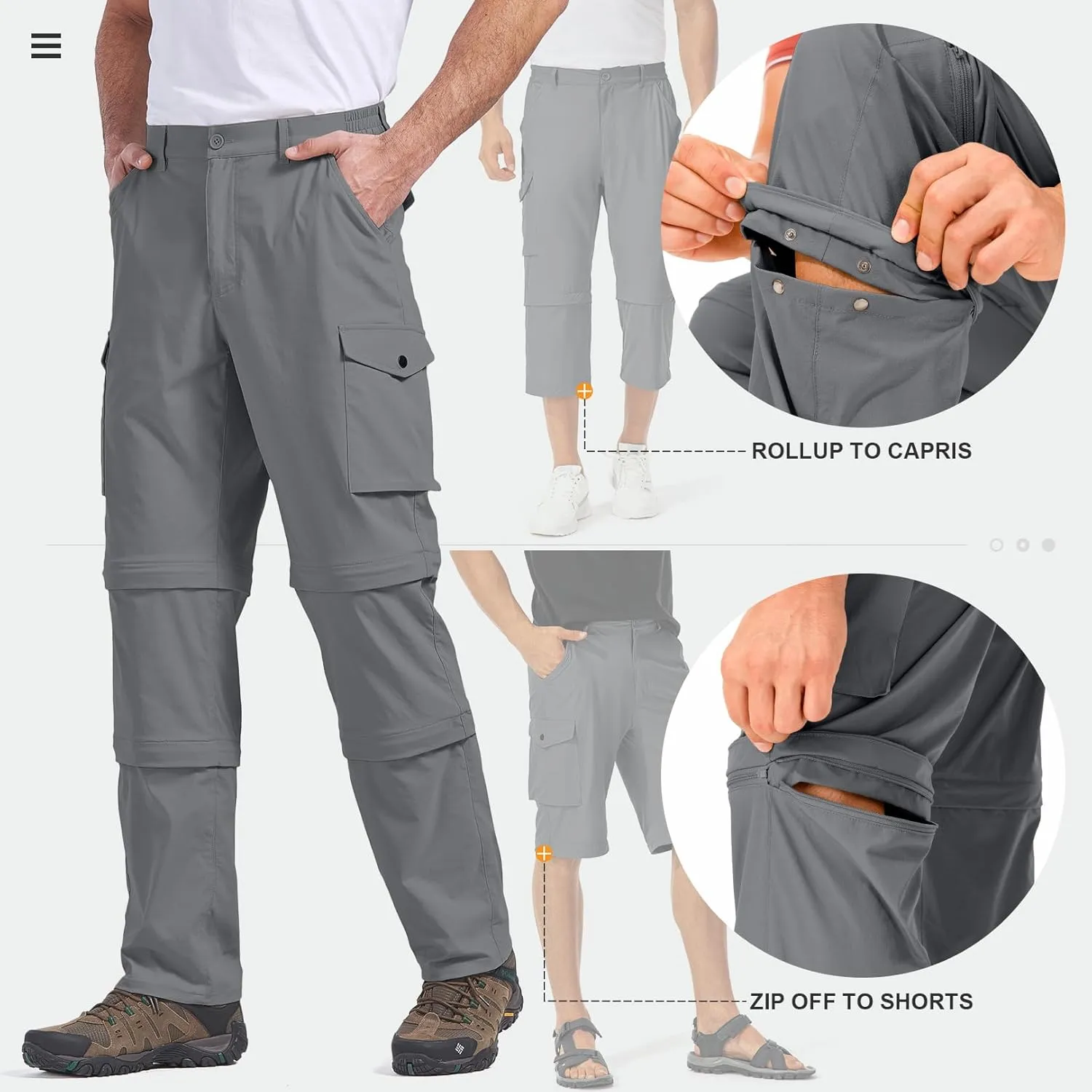 Mens Hiking Pants Convertible Quick-Dry-Stretch-Lightweight Zip-Off Outdoor Waterproof Safari Scouts Fishing Pants