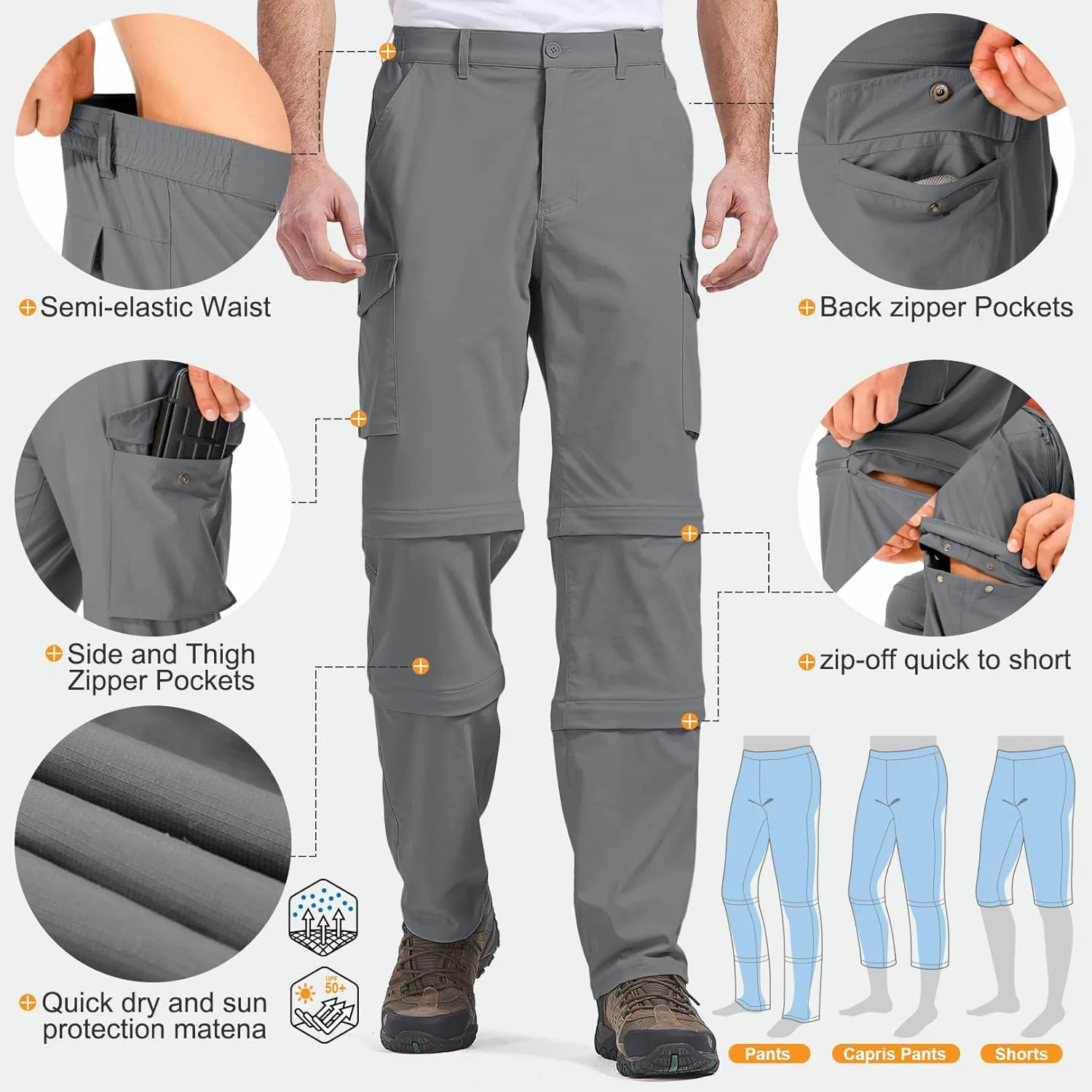 Mens Hiking Pants Convertible Quick-Dry-Stretch-Lightweight Zip-Off Outdoor Waterproof Safari Scouts Fishing Pants