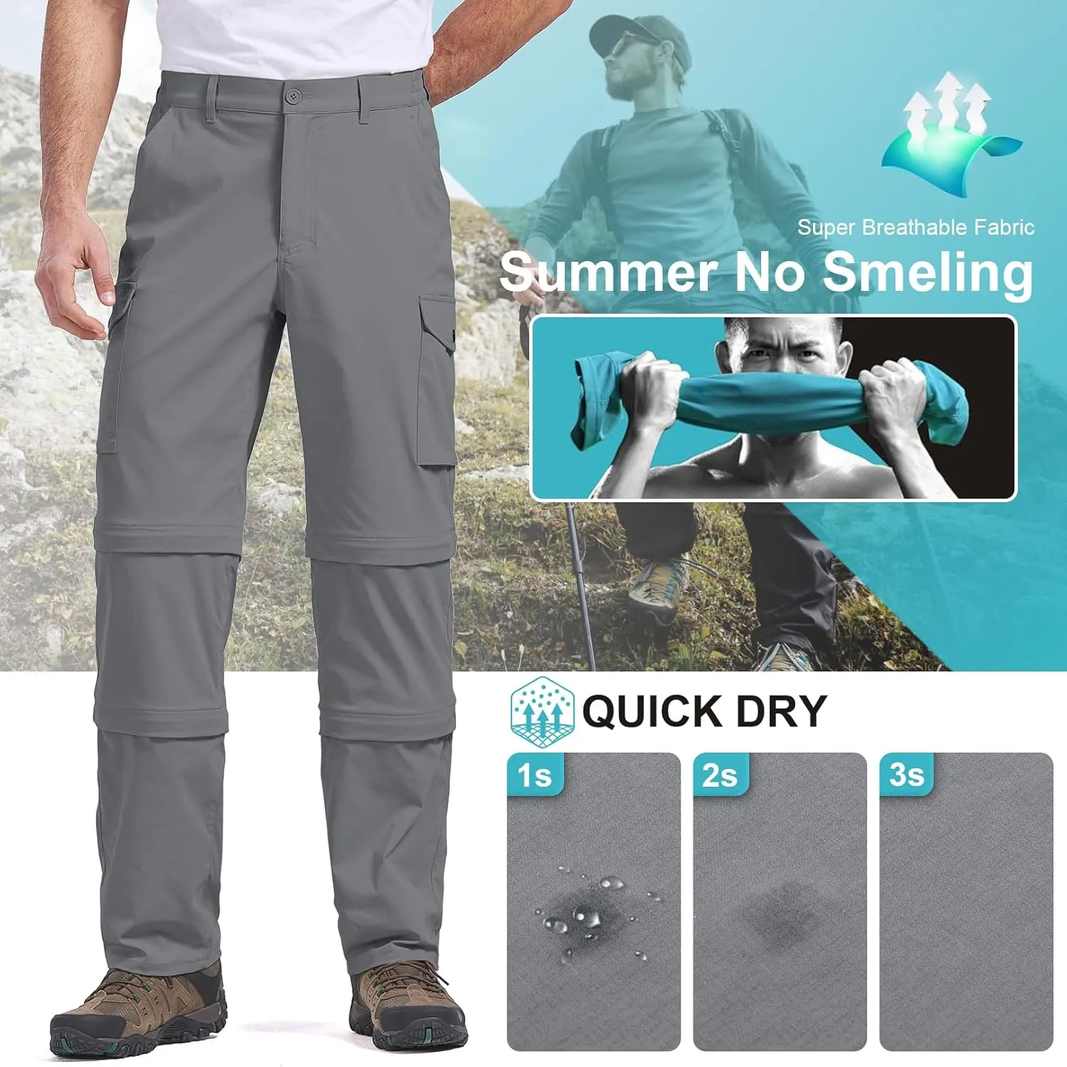 Mens Hiking Pants Convertible Quick-Dry-Stretch-Lightweight Zip-Off Outdoor Waterproof Safari Scouts Fishing Pants