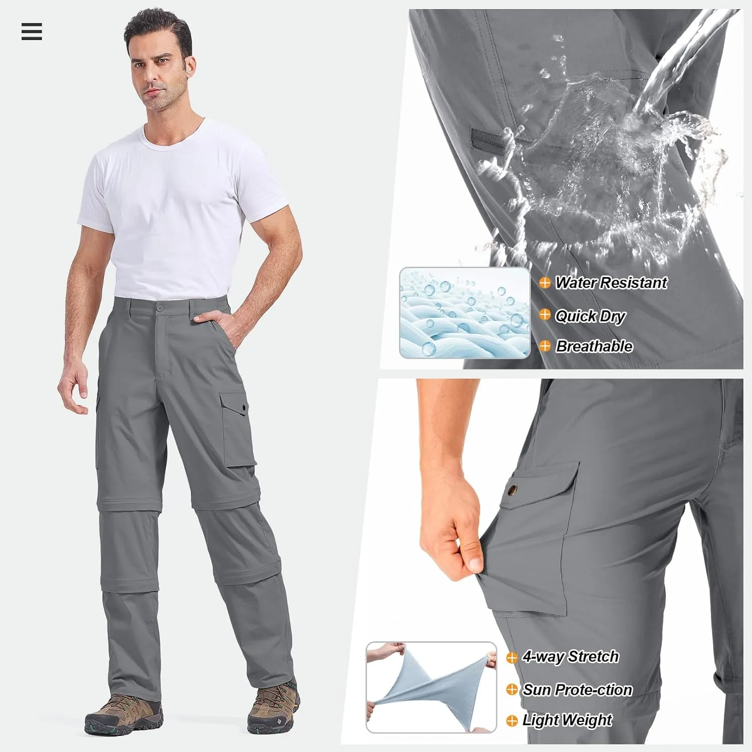 Mens Hiking Pants Convertible Quick-Dry-Stretch-Lightweight Zip-Off Outdoor Waterproof Safari Scouts Fishing Pants