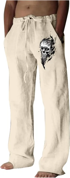 Men's Linen Pants Loose Fit Skull Printed Lightweight Pants Casual Elastic Waist Summer Pant with Pockets