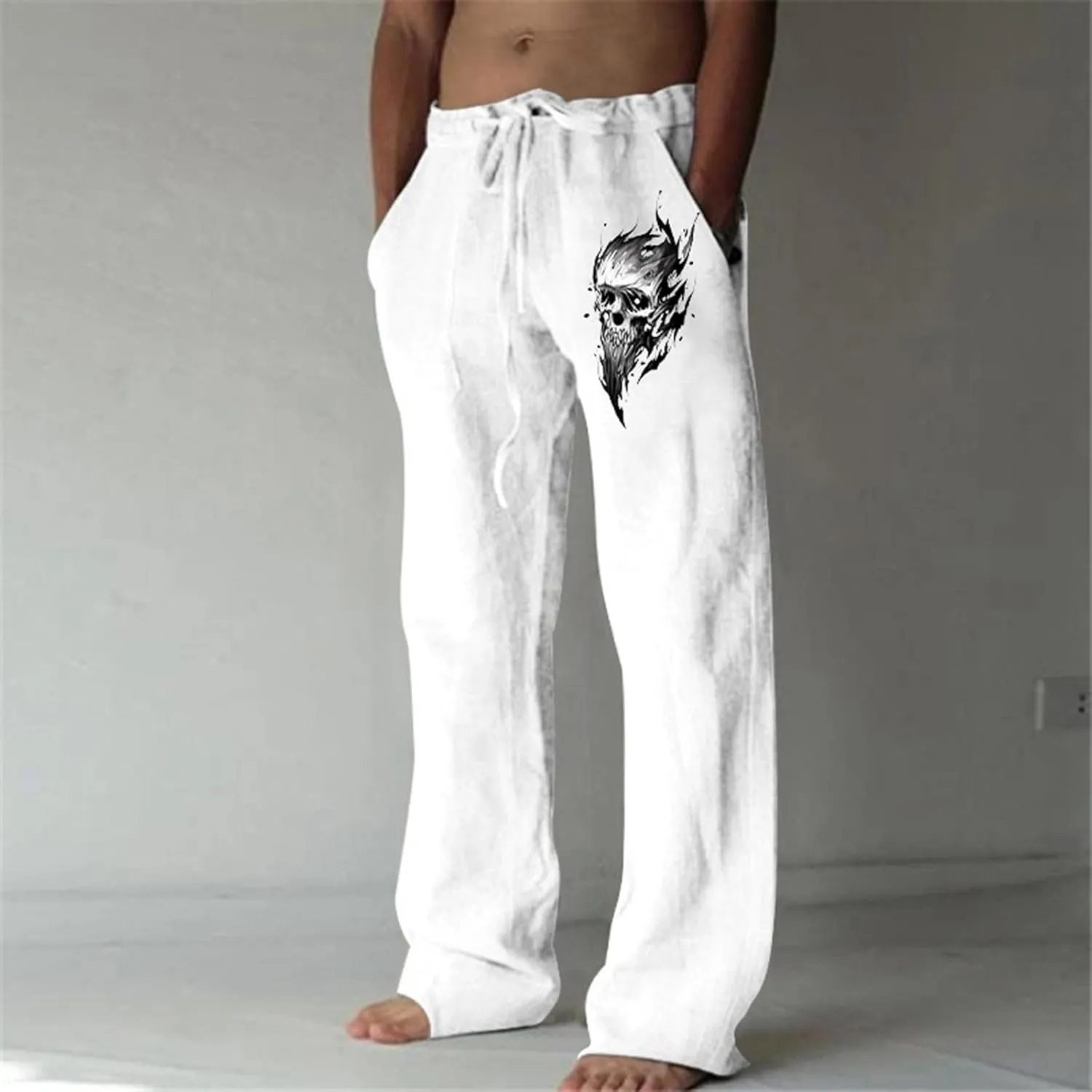 Men's Linen Pants Loose Fit Skull Printed Lightweight Pants Casual Elastic Waist Summer Pant with Pockets
