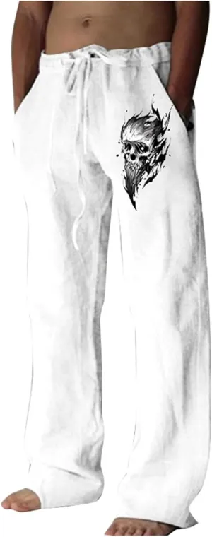 Men's Linen Pants Loose Fit Skull Printed Lightweight Pants Casual Elastic Waist Summer Pant with Pockets