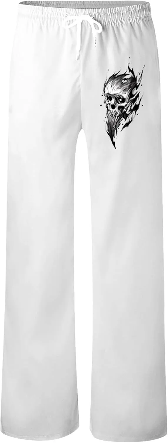 Men's Linen Pants Loose Fit Skull Printed Lightweight Pants Casual Elastic Waist Summer Pant with Pockets