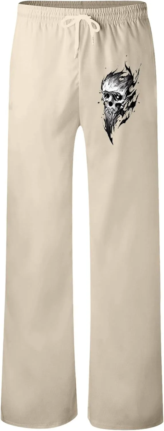 Men's Linen Pants Loose Fit Skull Printed Lightweight Pants Casual Elastic Waist Summer Pant with Pockets