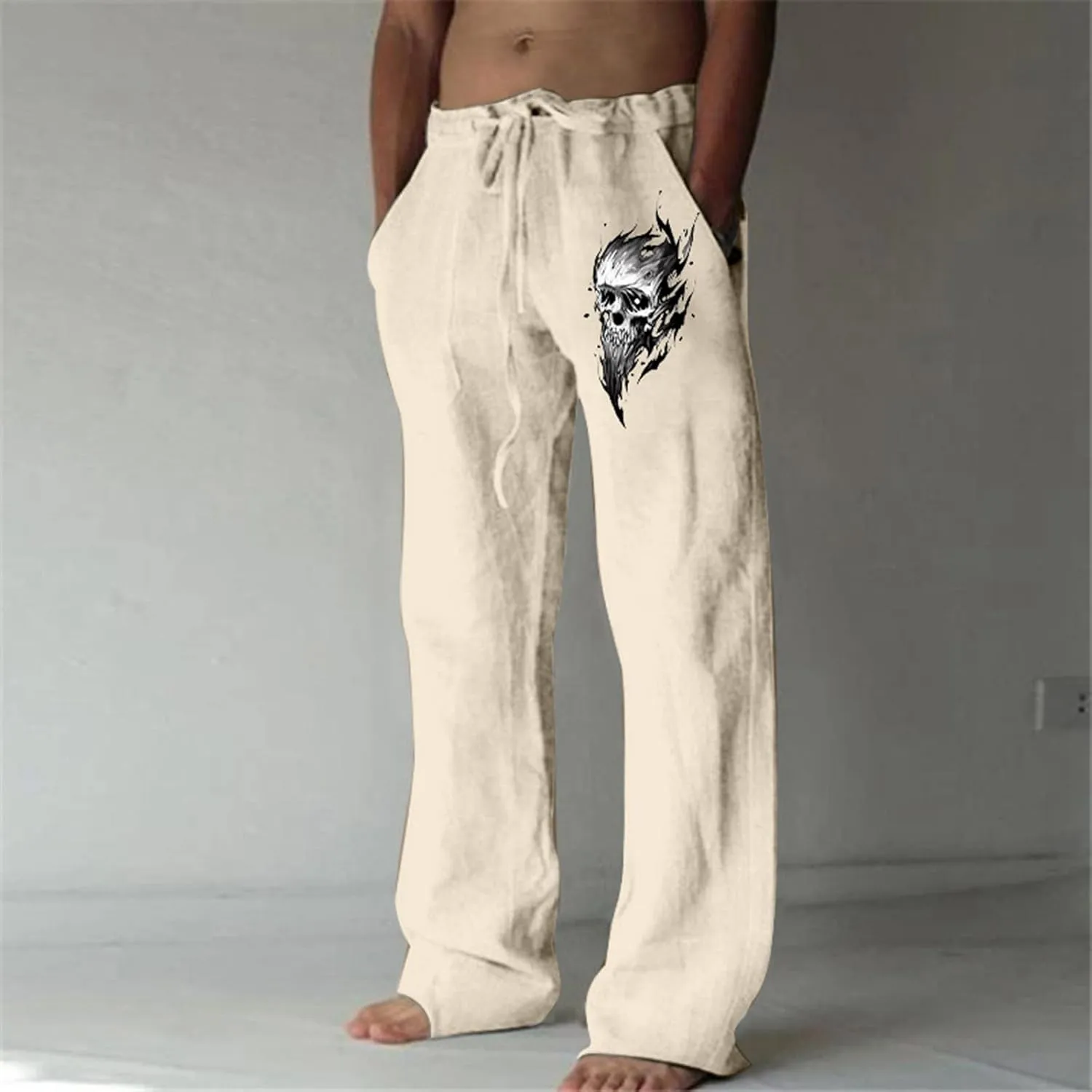 Men's Linen Pants Loose Fit Skull Printed Lightweight Pants Casual Elastic Waist Summer Pant with Pockets