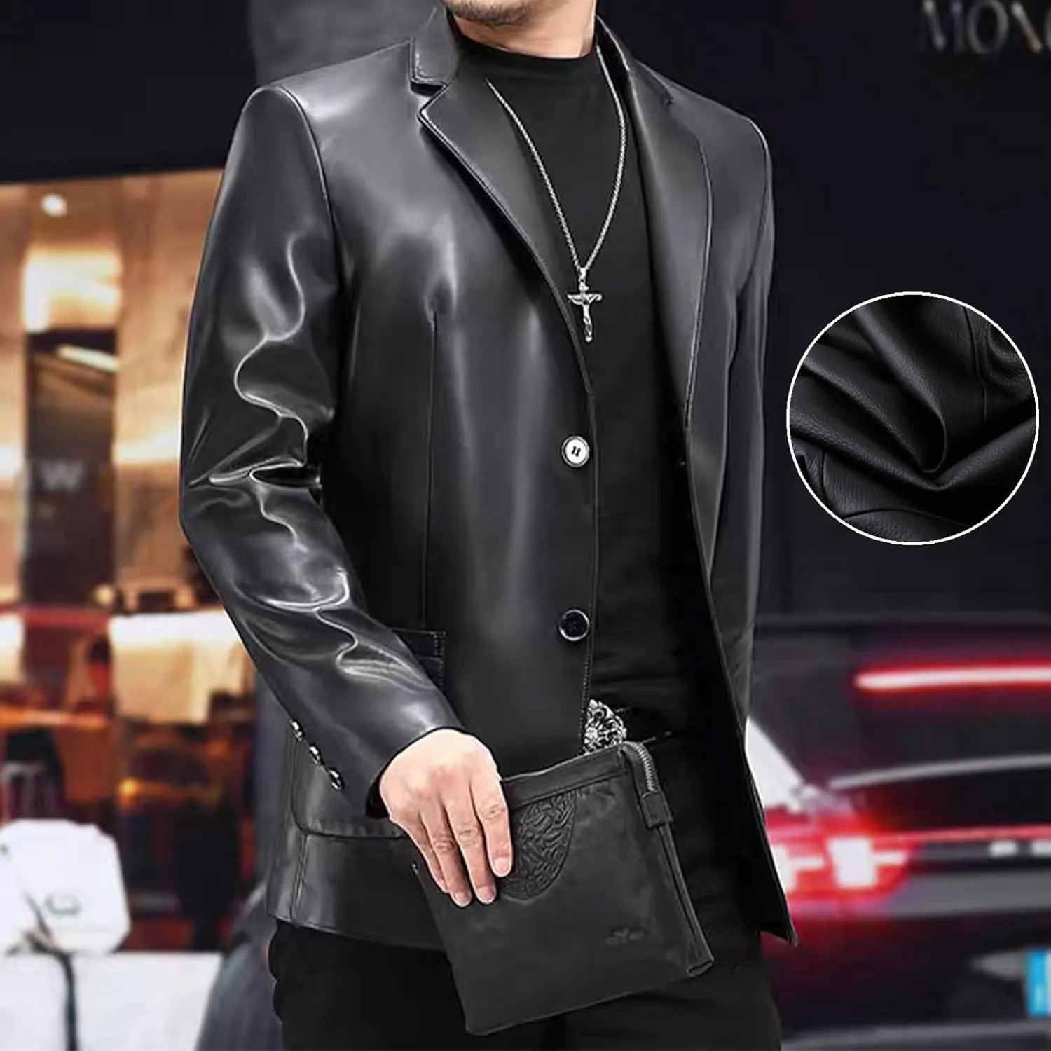Men's retro lightweight black leather motorcycle jacket