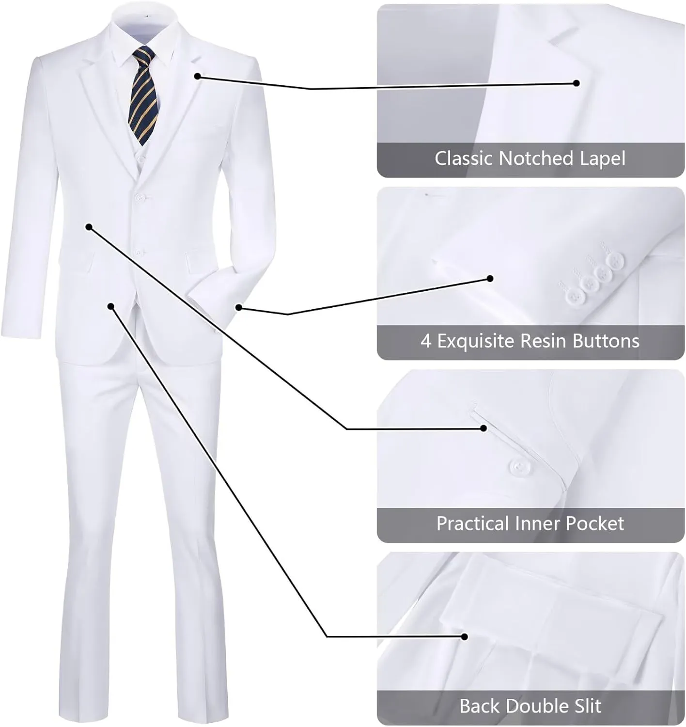 Men's Slim Fit 3-Piece Suit Set, Formal Wedding Tuxedo in Black, Navy Blue