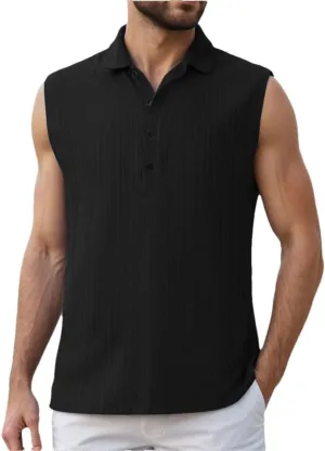 Men's Summer Sleeveless Beach Casual Tank Tops Beach Holiday Lapel Neck Camisole with Button Shirt